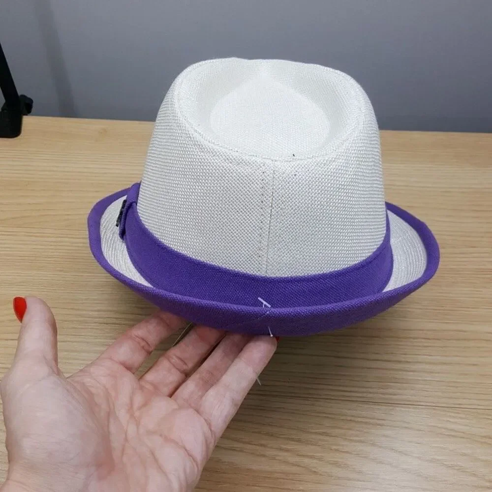 STACY ADAMS Straw Fedora Mens Large White Purple Band Diamond Crown $65